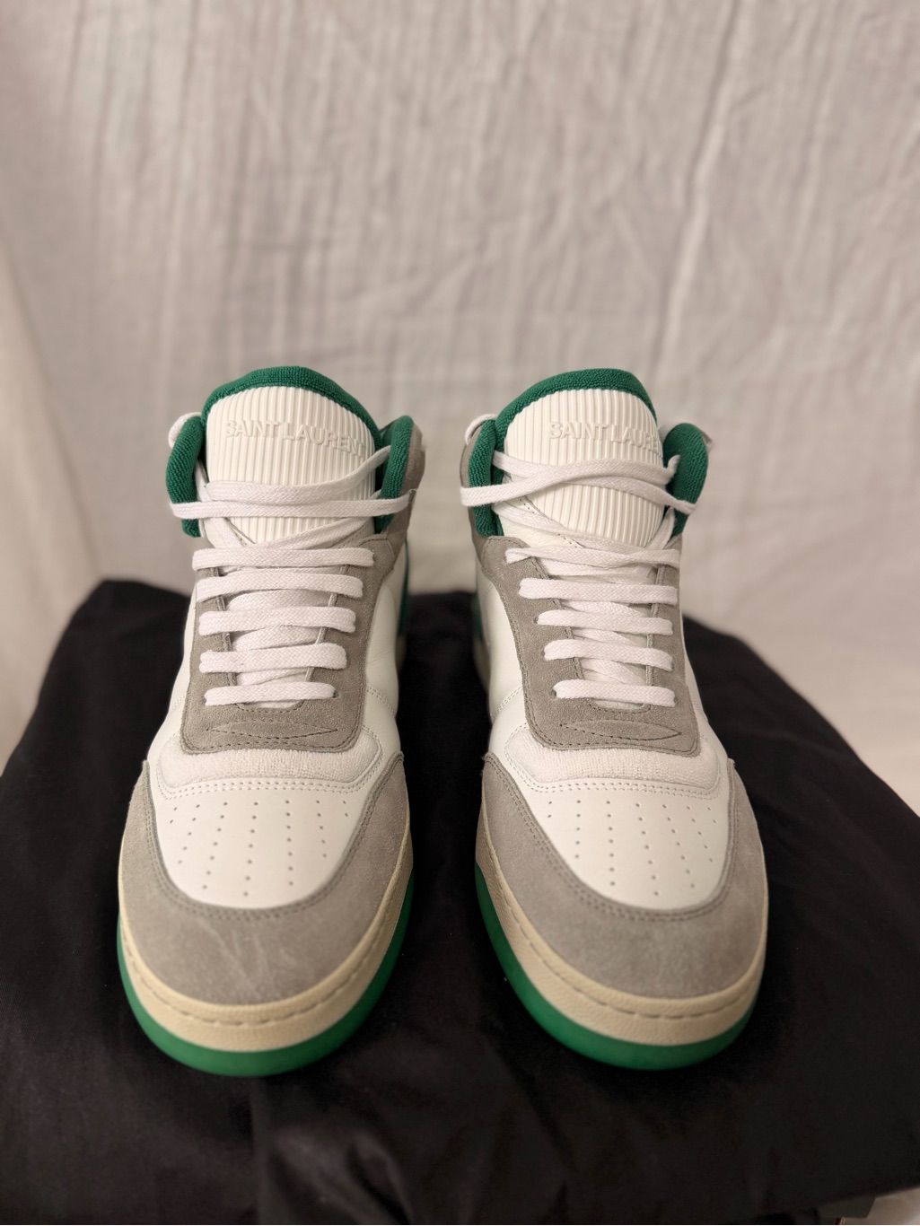 Saint Laurent Sl 80 High Top Leather Suede Lace Up Sneakers White Green Gray Men